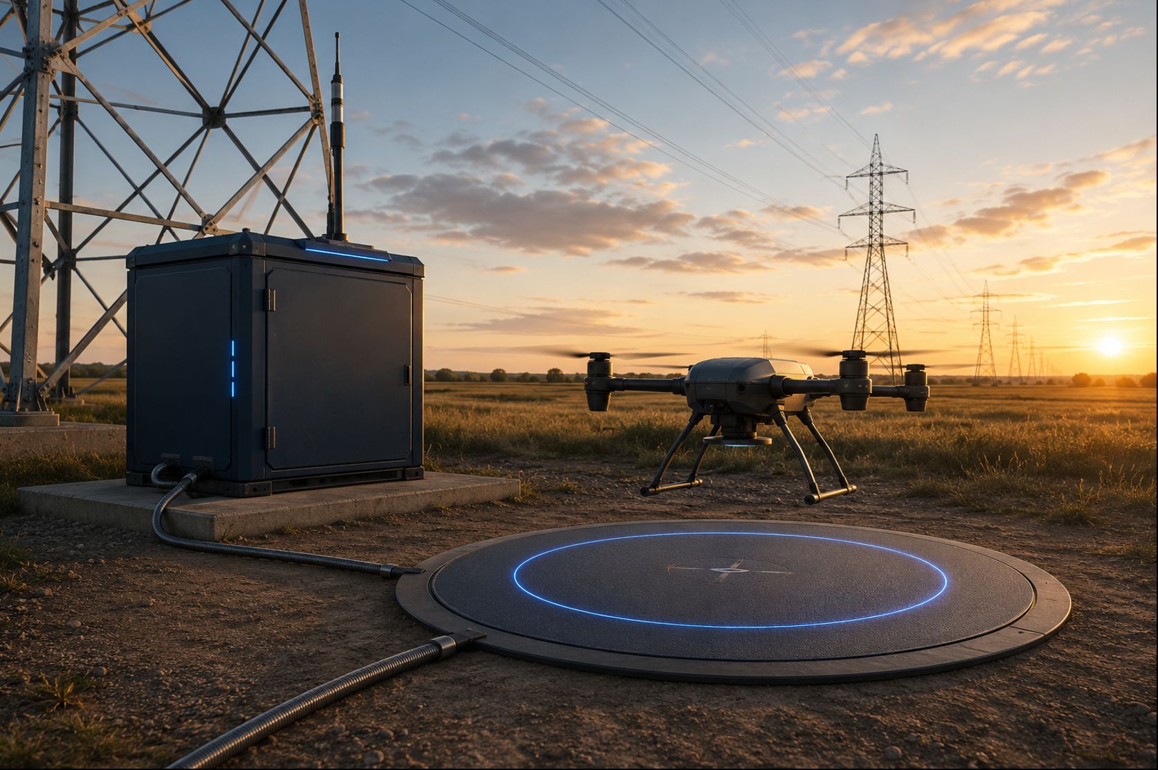 AeroPerch node and charging pad beside a transmission tower at sunset, with a drone landing